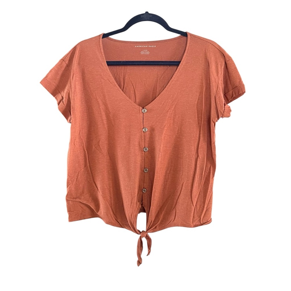 American Eagle Rust Button-Down crop t shirt casual tie front detail woman's L